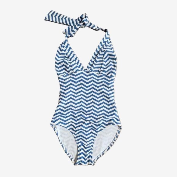 Roberta Roller Rabbit Halter One Piece Swimsuit XS Blue White Chevron Coastal - Picture 1 of 10